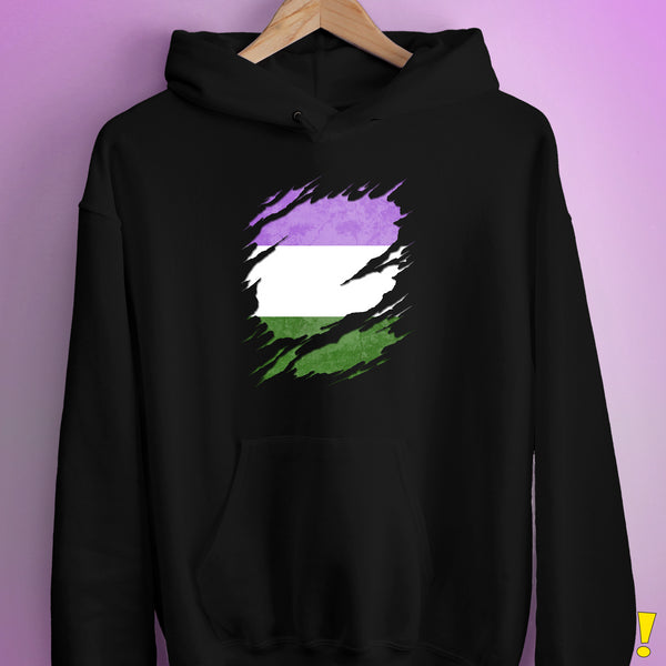 Genderqueer Pride Flag Ripped Reveal Hoodie - Black
