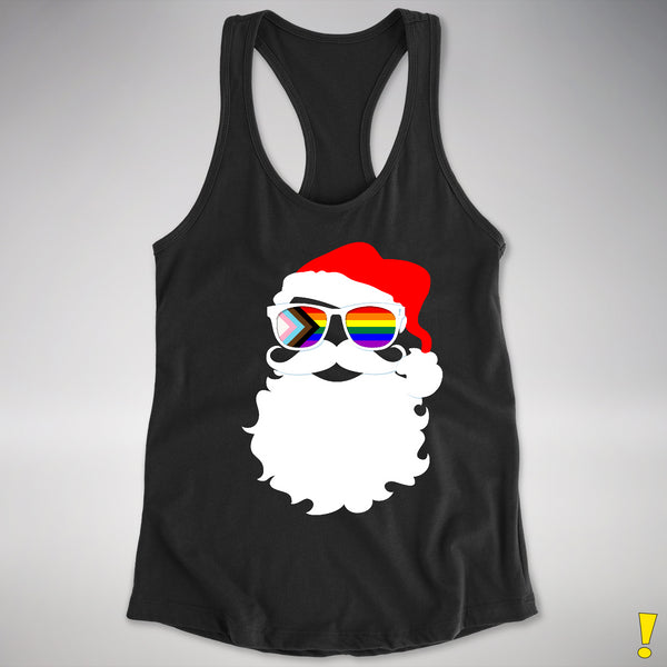 Santa’s LGBTQ Progress Pride Flag Shades Racerback Tank - Black