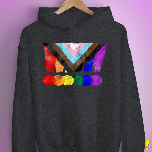 LGBTQ Progress Pride Grunge Exclamation Points Hoodie - Dark Grey Heather