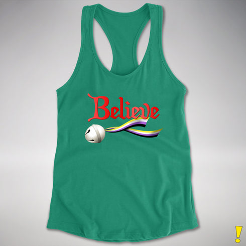 Believe Nonbinary Pride Jingle Bell Racerback Tank - Kelly Green