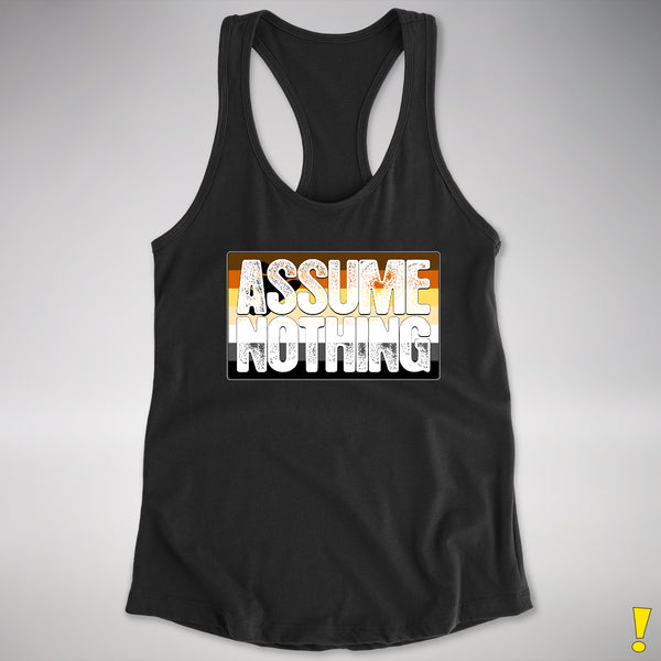 Assume Nothing Bear Pride Flag Racerback Tank - Black