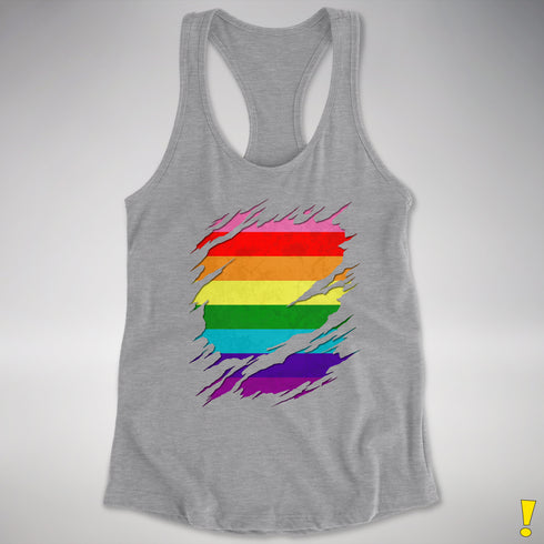 Original Gilbert Baker LGBTQ Gay Pride Flag Ripped Reveal Racerback - Heather Grey