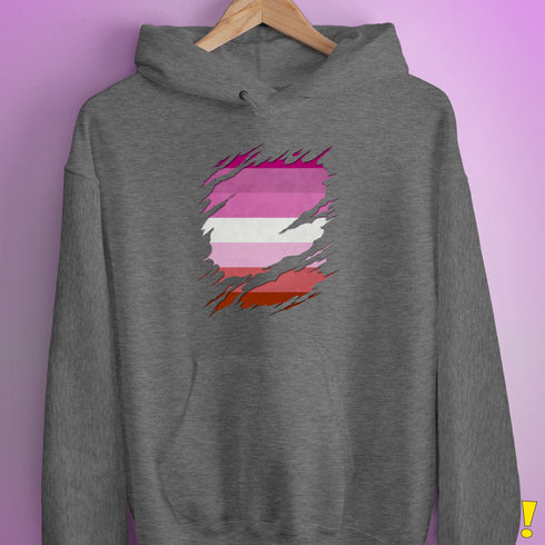 Pink Lesbian Ripped Reveal Hoodie - Grey Heather