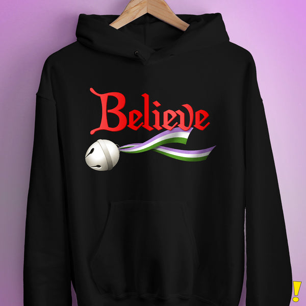 Believe Genderqueer Pride Jingle Bell Hoodie - Black