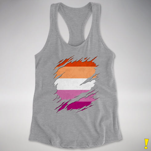 Lesbian Pride Flag Ripped Reveal Racerback Tank - Heather Grey