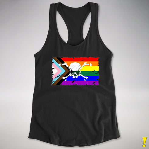 LGBTQ Progress Pride Pirate Flag Racerback Tank - Black