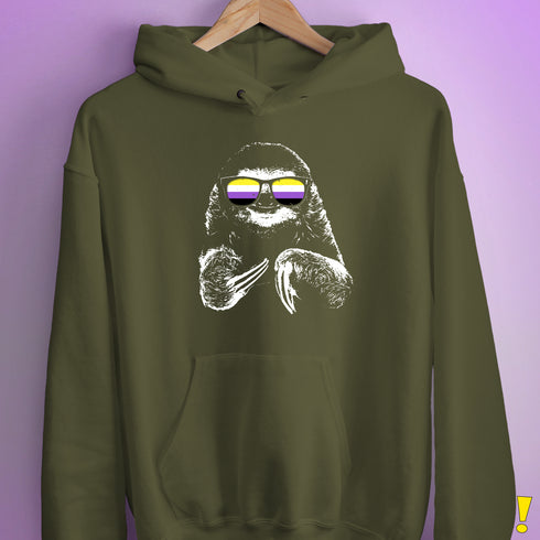 Pride Sloth Nonbinary Flag Sunglasses Hoodie - Army