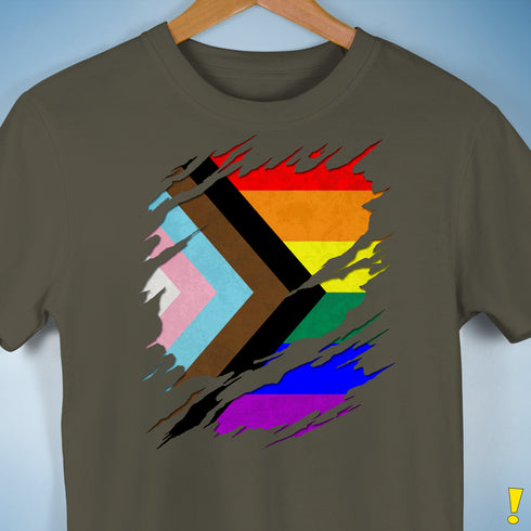LGBTQ Progress Pride Flag Ripped Reveal Premium Unisex T-Shirt - Army