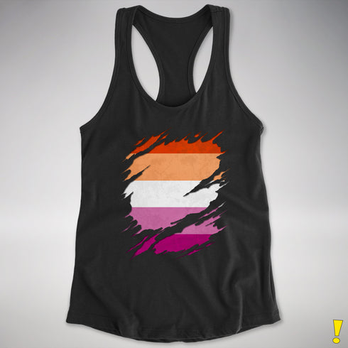 Lesbian Pride Flag Ripped Reveal Racerback Tank - Black