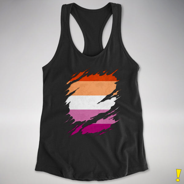 Lesbian Pride Flag Ripped Reveal Racerback Tank - Black