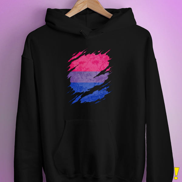 Bisexual Pride Flag Ripped Reveal Hoodie - Black