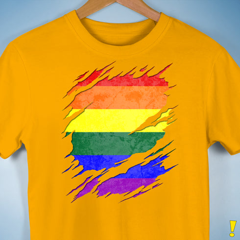 LGBTQ Pride Flag Ripped Reveal Premium Unisex T-Shirt - Gold