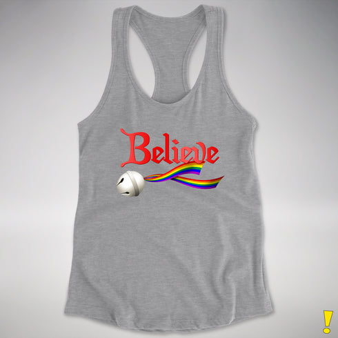 Believe LGBTQ Rainbow Pride Jingle Bell Racerback Tank - Heather Grey