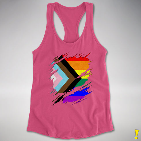 LGBTQ Progress Pride Flag Ripped Reveal Racerback Tank - Hot Pink