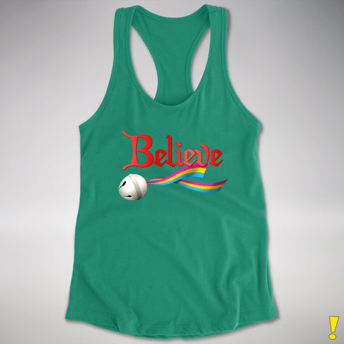 Believe Pansexual Pride Jingle Bell Racerback Tank - Kelly Green