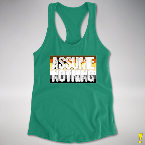 Assume Nothing Bear Pride Flag Racerback Tank - Kelly Green